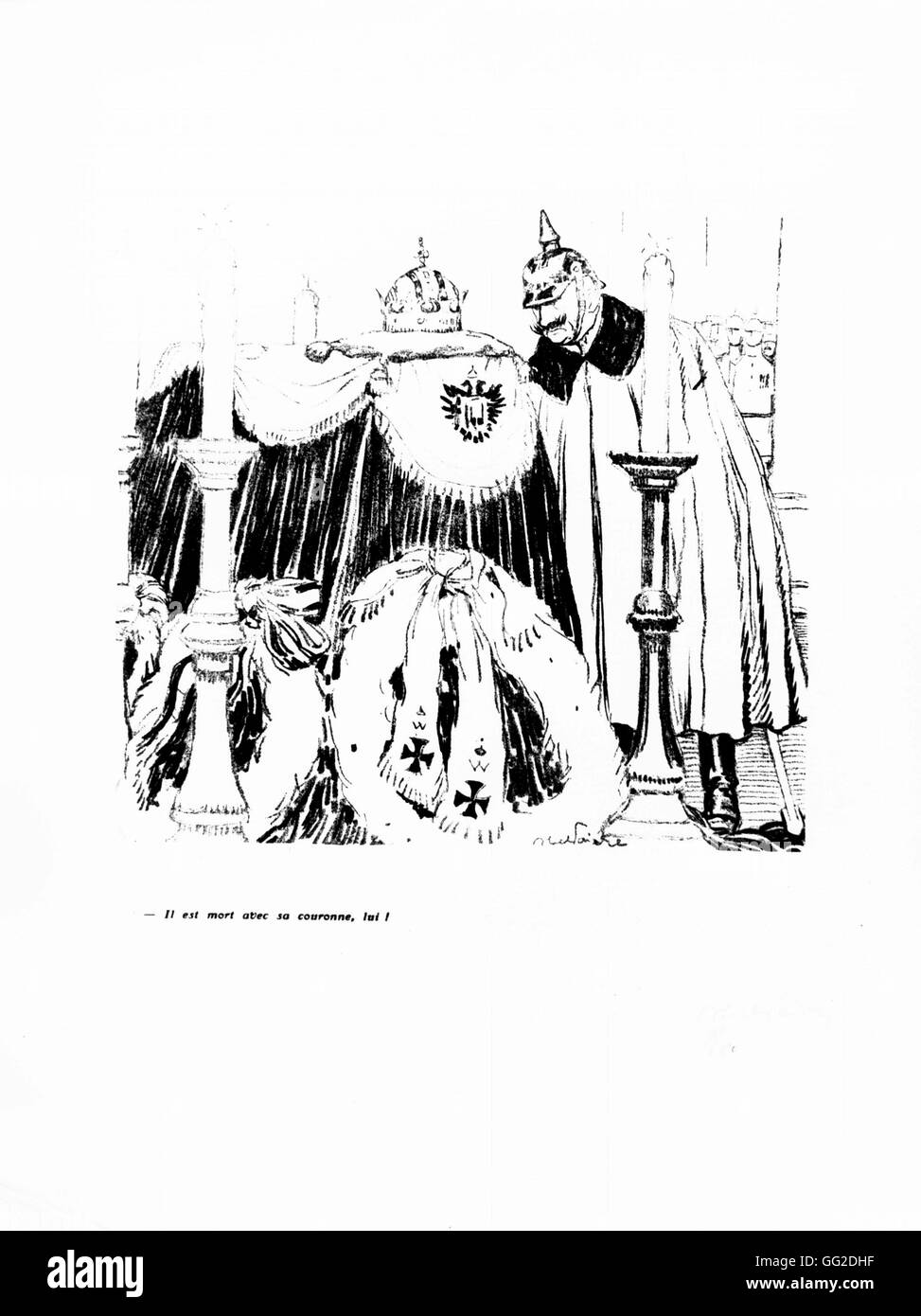 Karikatur von Abel Faivre (1867 – 1945) "Er starb mit seiner Krone" (Wilhelm II. nach dem Tod von Franz von Österreich) Frankreich - Weltkrieg Vincennes. Kriegsmuseum Stockfoto