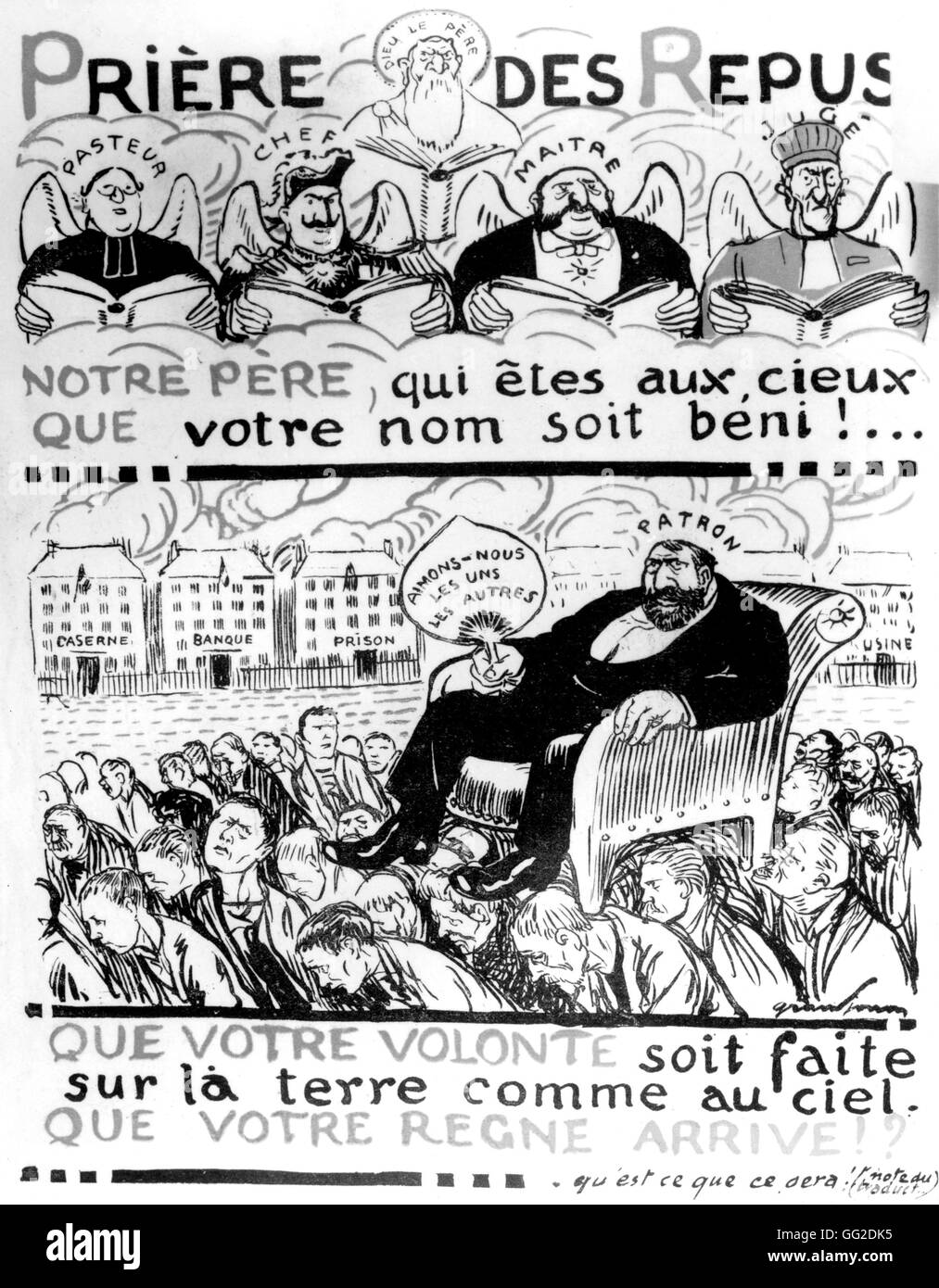 Trennung von Kirche und Staat: Gebet der privilegierten antiklerikalen Karikatur von Grandjouan 1905-Frankreich Stockfoto