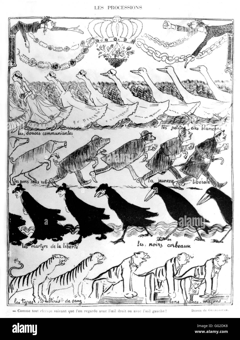 Trennung von Kirche und Staat: "Die Prozessionen", "Es hängt davon ab, wie Sie die Dinge sehen" antiklerikalen Karikatur von Grandjouan 1905-Frankreich Stockfoto