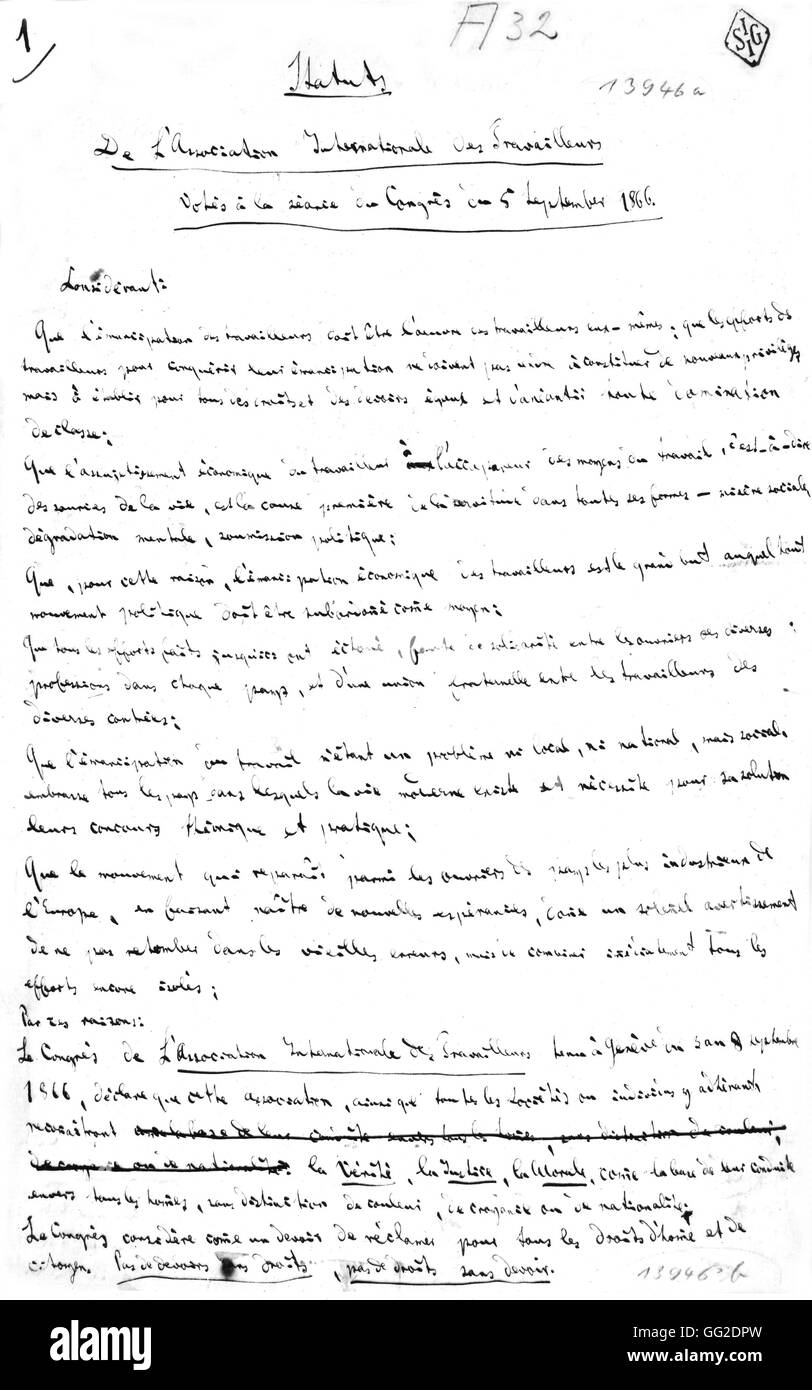 International Association of Workers geschrieben von Marx. 1866 Karl Marx Stockfoto