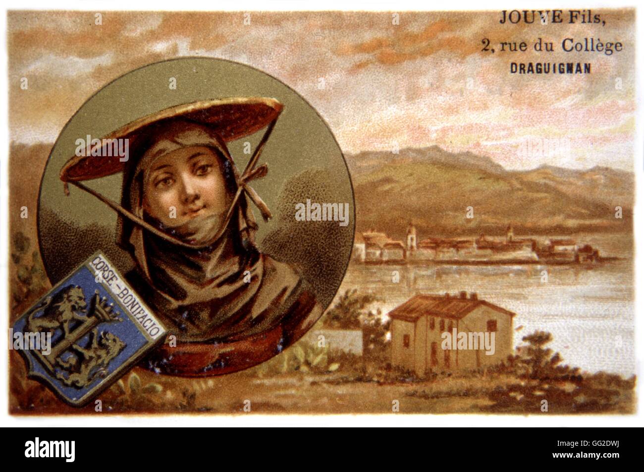 Werbung Farblitho Corsica, Bonifacio Ende des 19. Jahrhunderts Frankreich Stockfoto