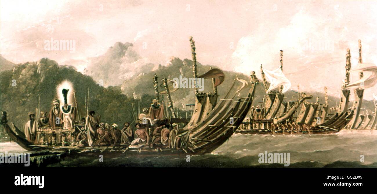 William Hodges (1744-1797) Captain Cooks zweite Reise. Krieg Pirogen und Tahitianer 1774 Tahiti Greenwich, maritime museum Stockfoto