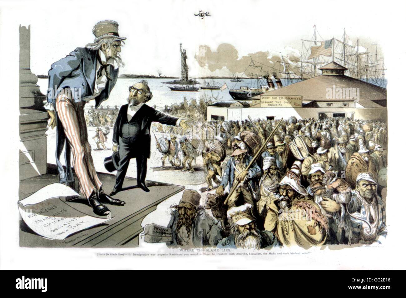 Uncle Sam mit Auswanderern / Karikatur von "Richter" 4. April 1891 Vereinigten Staaten Stockfoto