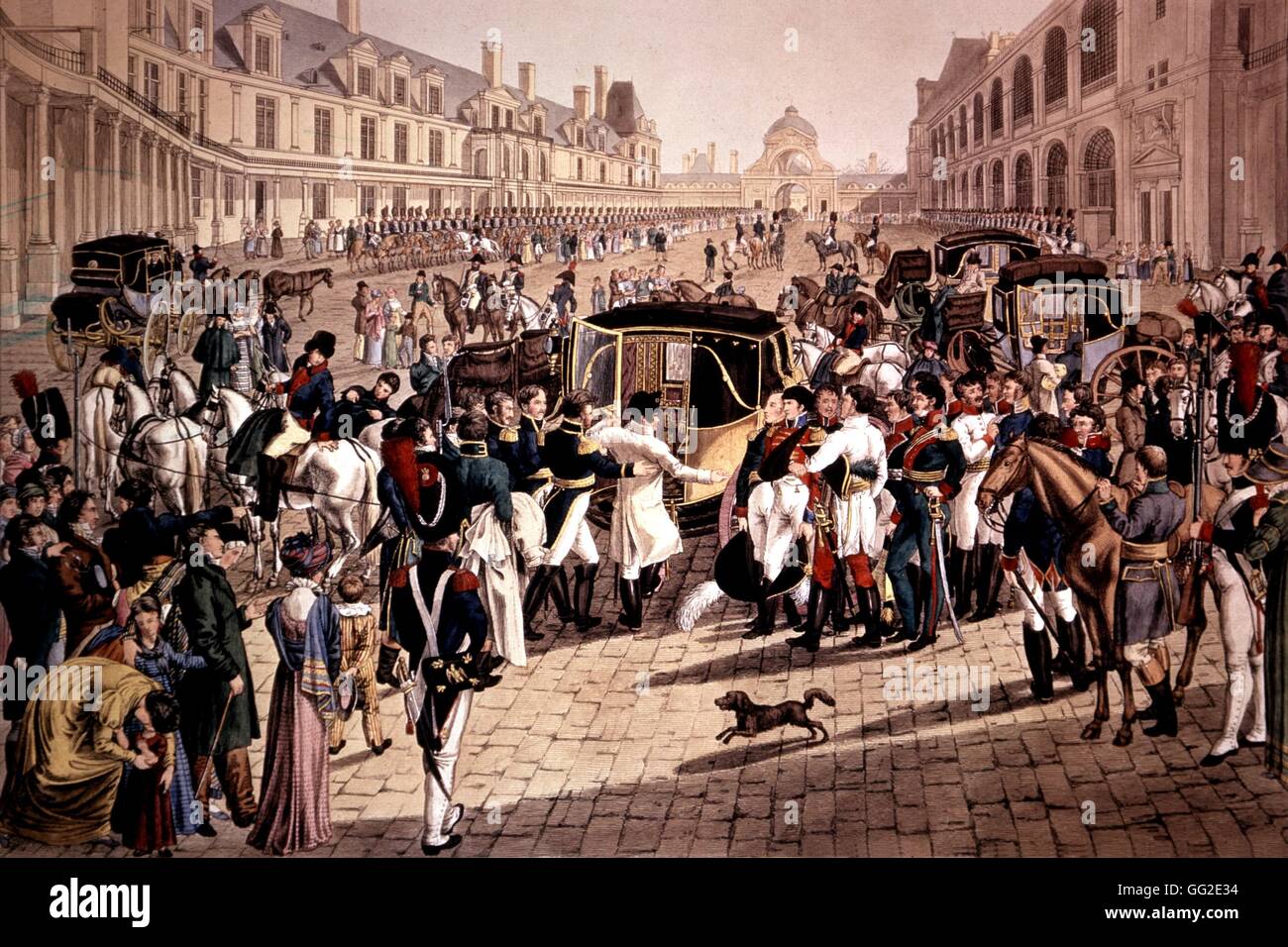 Napoleon ich verlassen Fontainebleau um Elba, 30. April 1814 erreichen österreichische Gravur, 1814, Frankreich. Stockfoto
