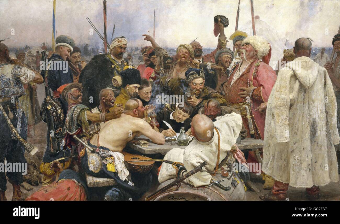 Ilja Repin russische Schule The Saporoschje Cossaks Beantwortung der Sultan 1878-1891-Öl auf Leinwand (203 x 358 cm) St. Petersburg, Staatliches Russisches Museum Stockfoto