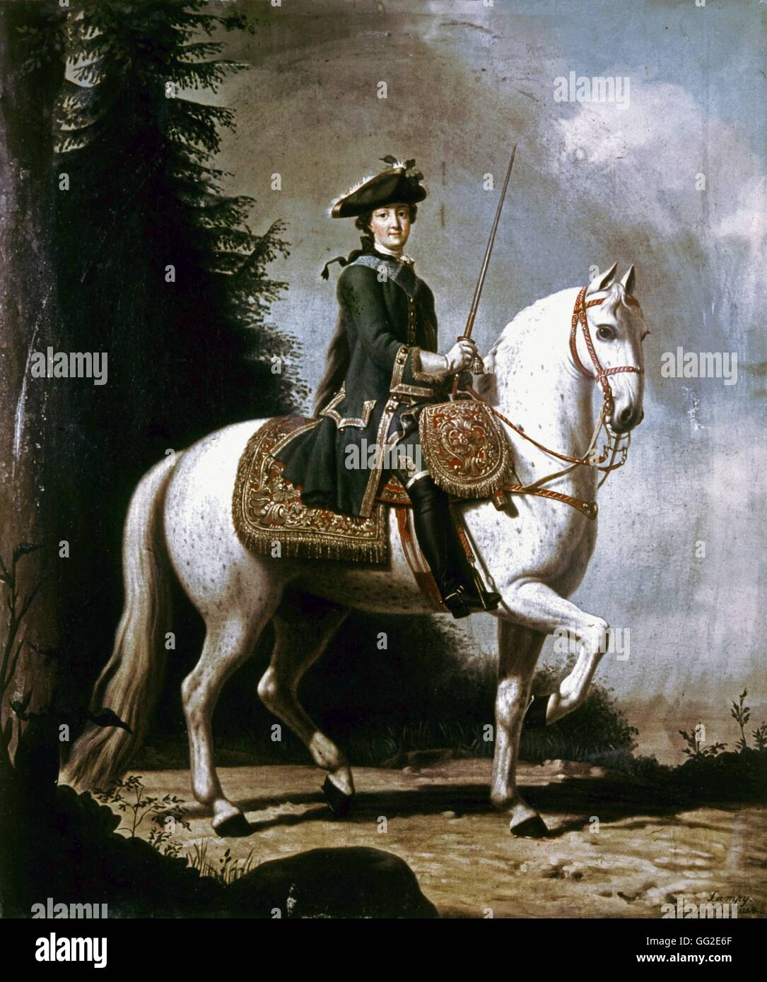 Anonyme Pferdesport-Porträt von Katharina der großen nach dem Original von Vigilius Eriksen im Jahre 1762 gemalt Stockfoto