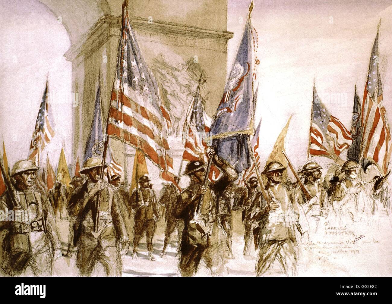 Charles Fouquerayaus (1872-1956) die amerikanische Flaggen auf dem Weg zum Sieg Frankreich, Weltkrieg Stockfoto