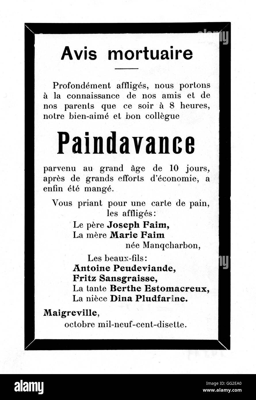 Satirischen Broschüre über den französischen Mangel 1917 - 1918 Frankreich, Weltkrieg Stockfoto