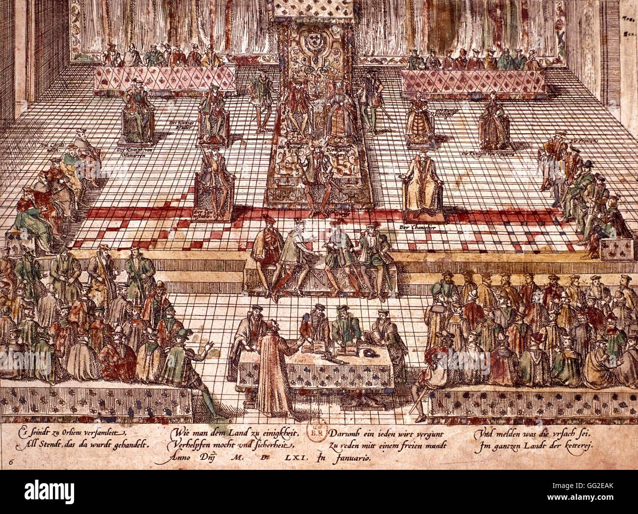 Kolloquium der Poissy, gesammelt von Catherine de Medici und Michel de an, um eine Versöhnung zwischen Katholiken und Protestanten zu bilden. 1561 Frankreich Stockfoto