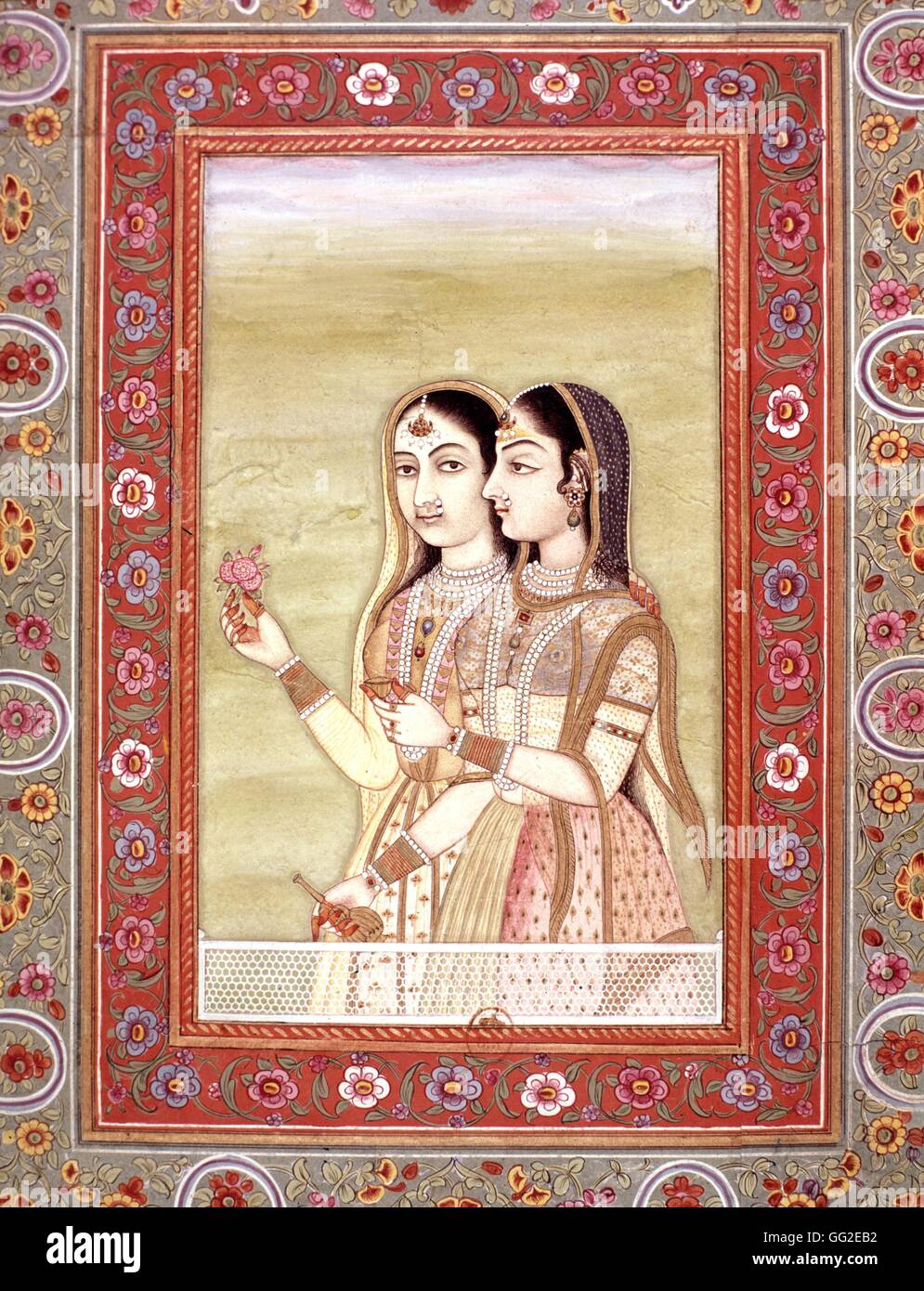 Indische Miniatur zwei Frauen aus dem 18. Jahrhundert Indien Stockfoto