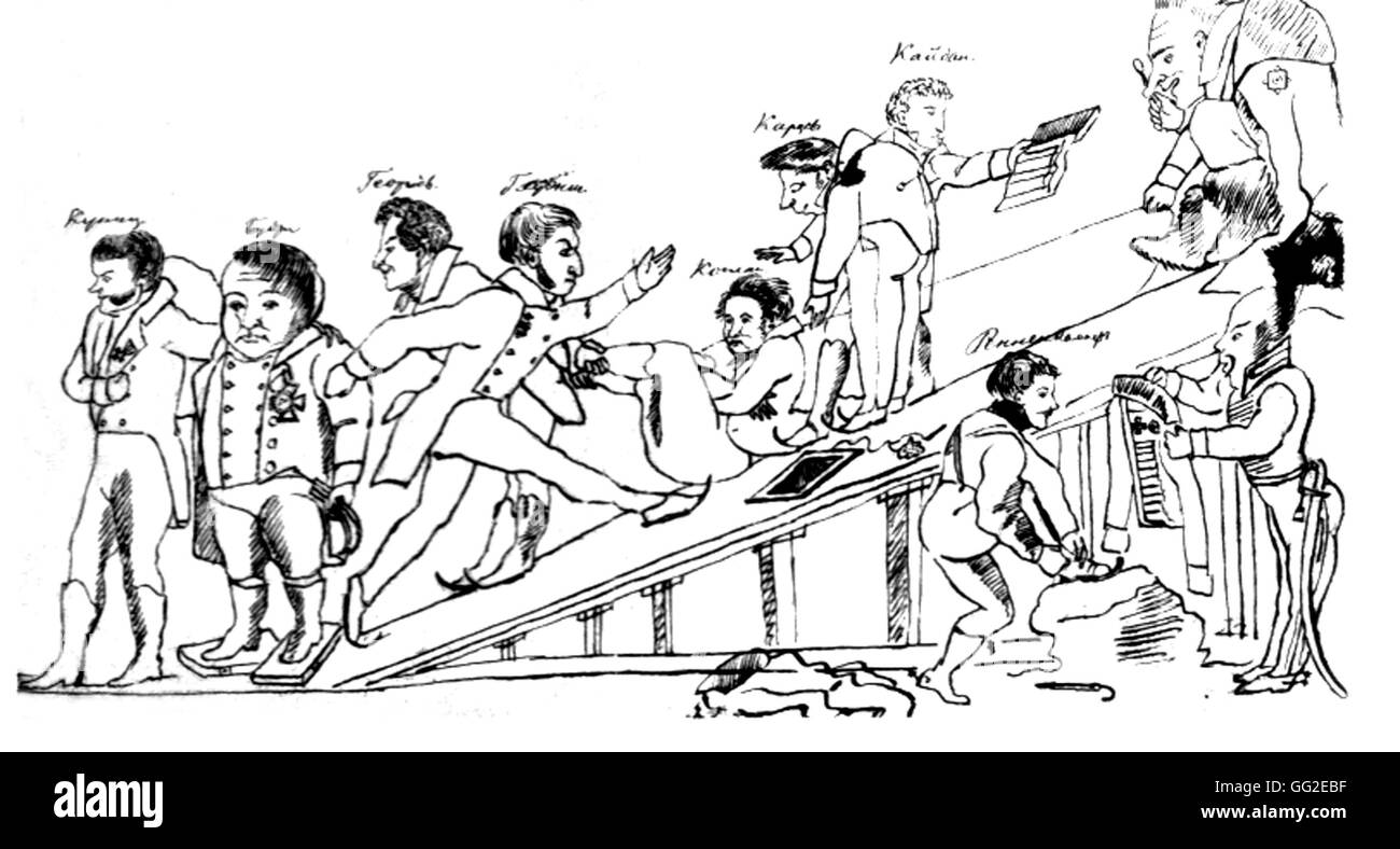 Karikatur von Puschkin Schule Sekundarschullehrer um die Gunst des Grafen Razunaski, Minister für Bildung 1810-1816-Russland Stockfoto