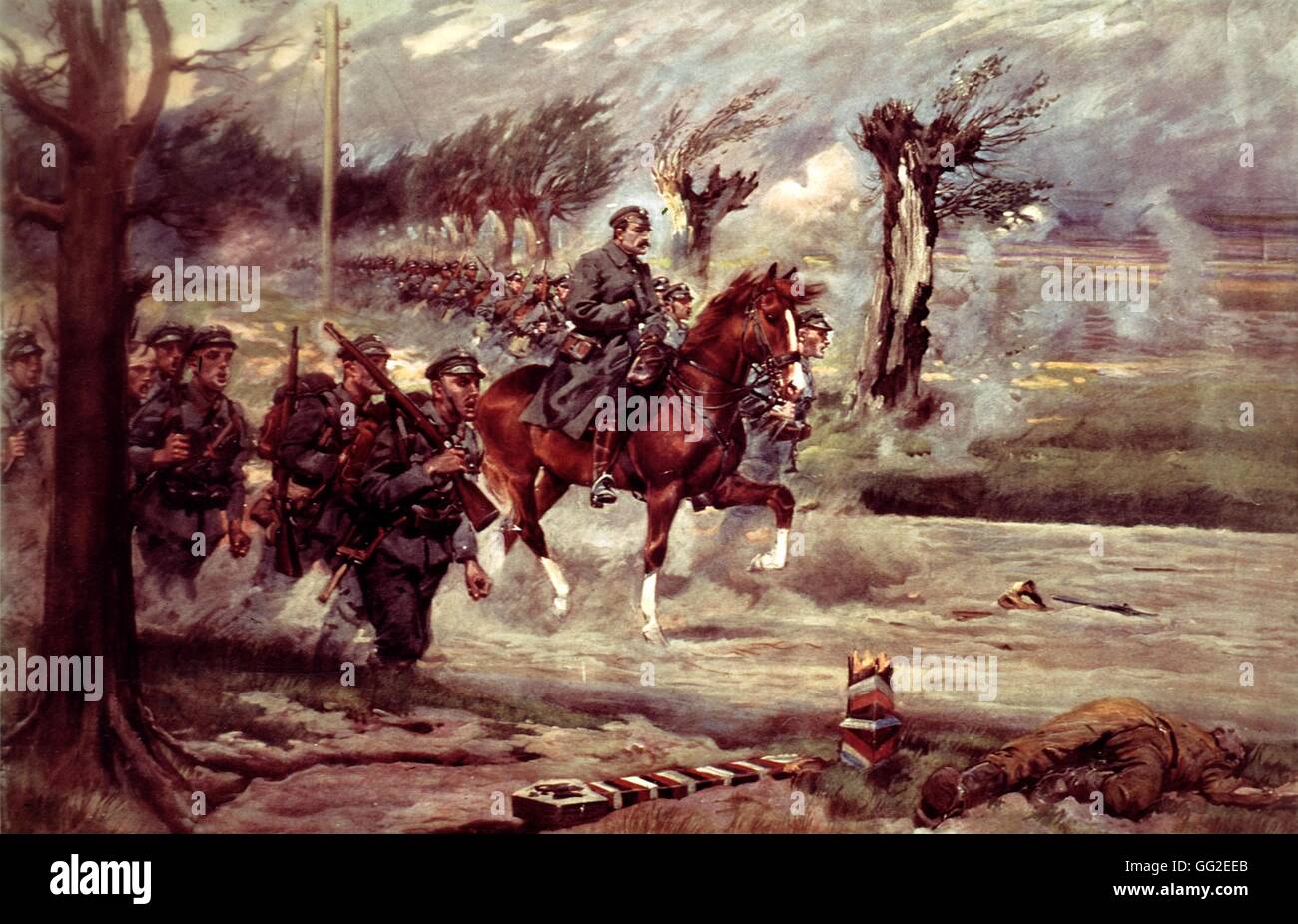 J. Kossak. Piłsudski montiert, die polnischen Truppen beim Überschreiten der Grenze zwischen dem österreichischen Polen und den polnischen Gebieten führt der russischen 6. August 1914 dominierten Polen Stockfoto