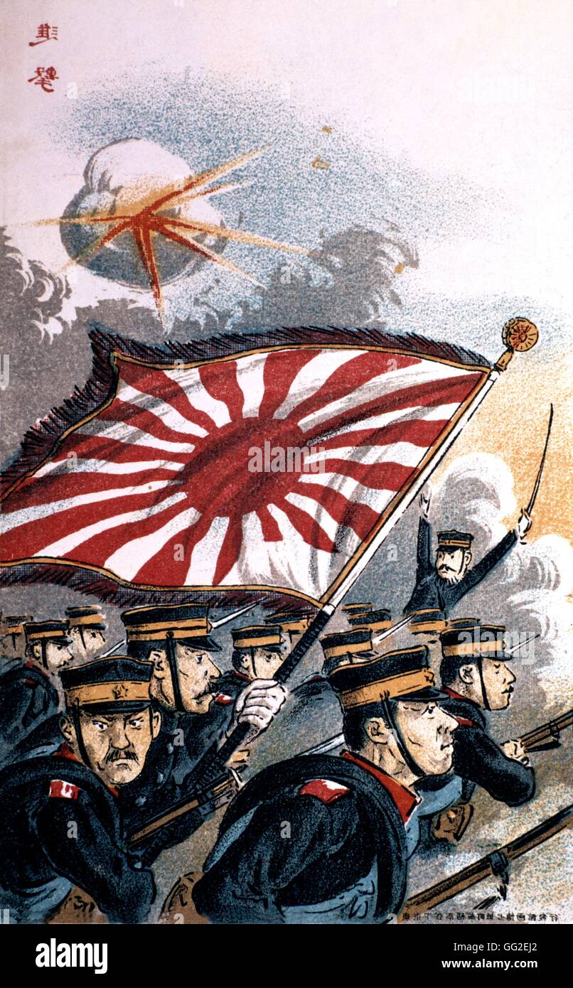 Japanische Soldaten in die Schlacht gehen, während Sie hält eine Fahne 1905 China - Japanisch-Chinesischen Krieg Stockfoto