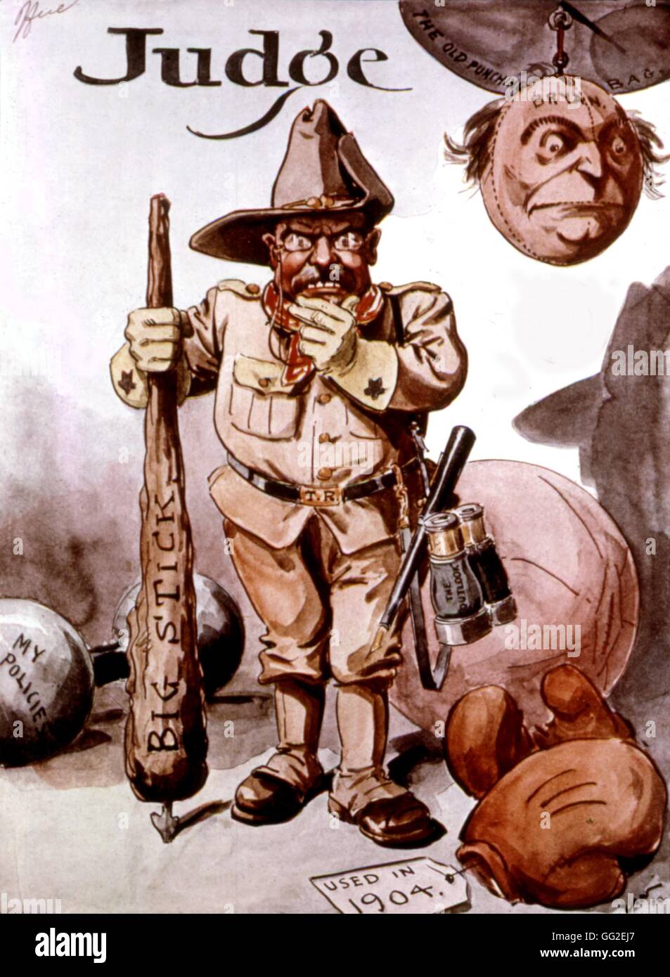 Satirische Cartoon im "über Roosevelts Rückkehr aus Afrika und seine Politik,"Big Stick"1910 USA Washington Richter". Library of Congress Stockfoto