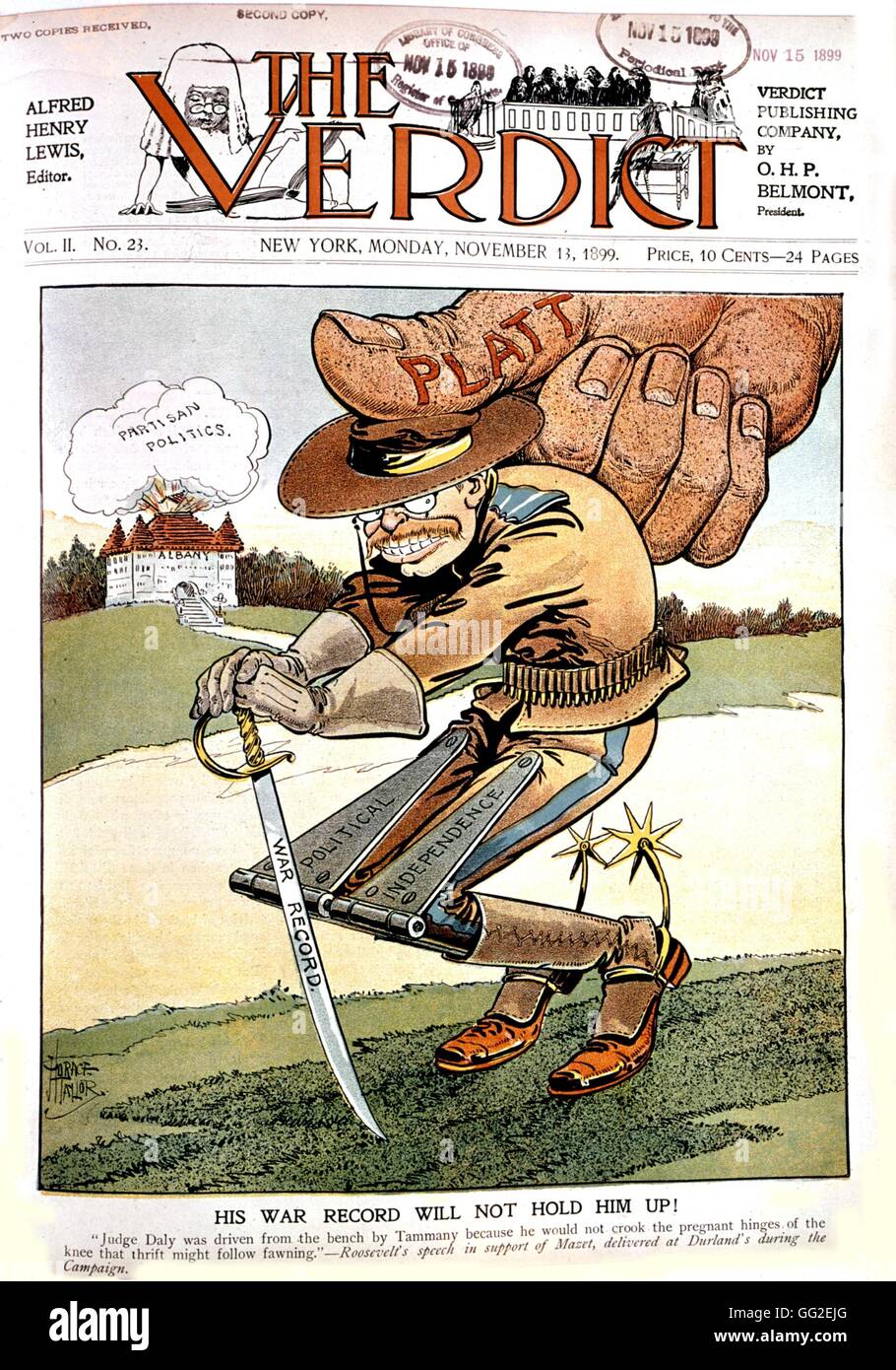Satirische Cartoon im "The Verdict" gegen Theodore Roosevelt und Änderung Platt 1899 USA Washington. Library of Congress Stockfoto