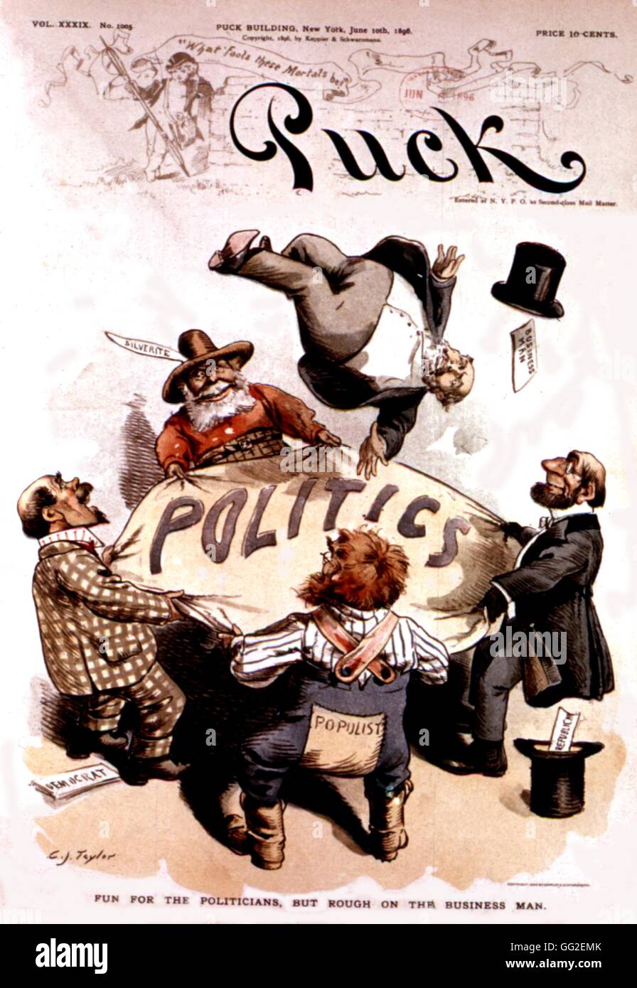 Satirische Cartoon im "Puck" Politiker sind Spaß, aber Geschäftsleute haben eine harte Zeit 1896 Vereinigte Staaten Washington. Library of Congress Stockfoto