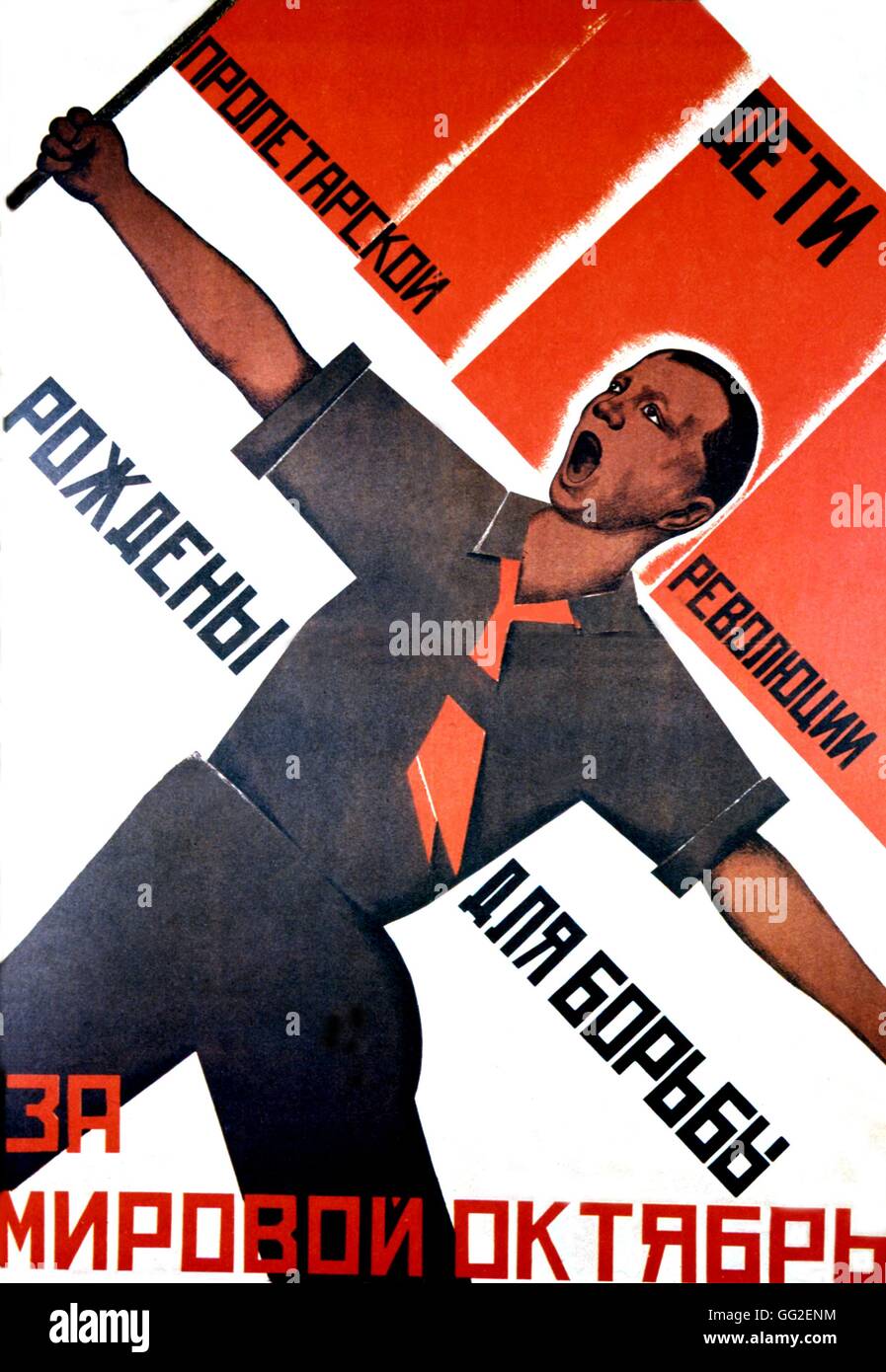Propagandaplakat von Victor Shestakov: "Kinder der proletarischen Revolution wurden geboren, um eine Welt Oktoberrevolution" 1929 U.S.S.R. Stockfoto