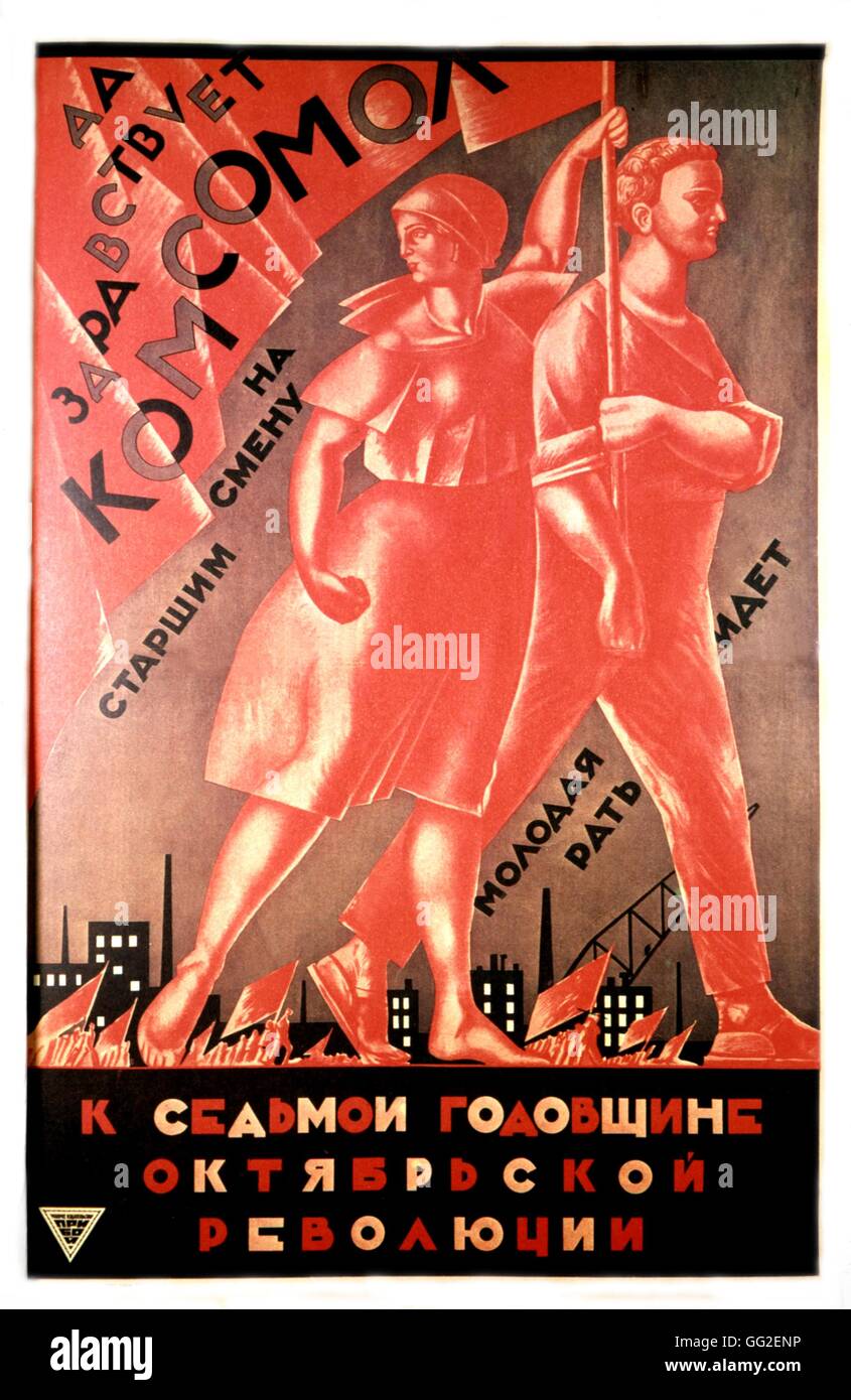 Propagandaplakat von Alexandre Samokjvalov: "anlässlich des 7. Jahrestag der Revolution, lang lebe der kommunistischen Jugendorganisation. Junge Menschen gehen zu übernehmen ". 93 x 60 cm 1924 U.S.S.R. Stockfoto