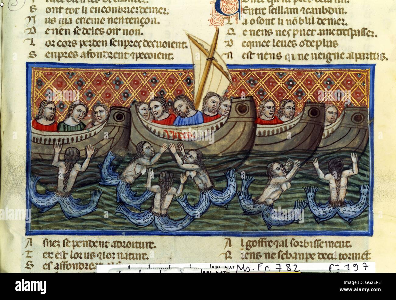 Der roman de Troie von Benoit de Sainte mehr. Meerjungfrauen begleiten die Boote 15. Jahrhundert Miniatur Paris. Bibliothèque nationale Stockfoto