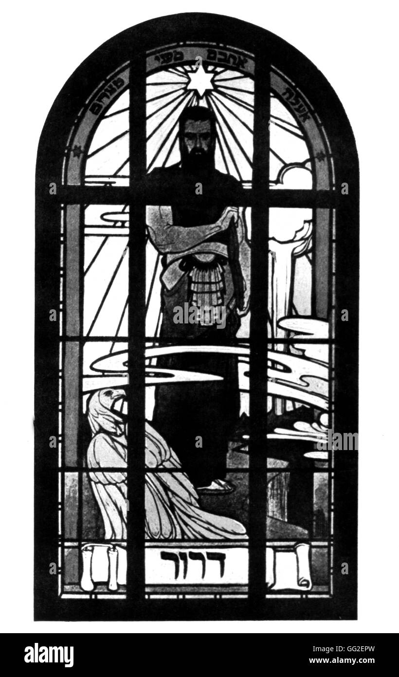 Verbleites Glasfenster, Moses mit Herzl Gesicht von E.M. Lillien aus dem 19. Jahrhundert Zionismus Bibliothèque de l'alliance Israélite Universelle darstellt Stockfoto