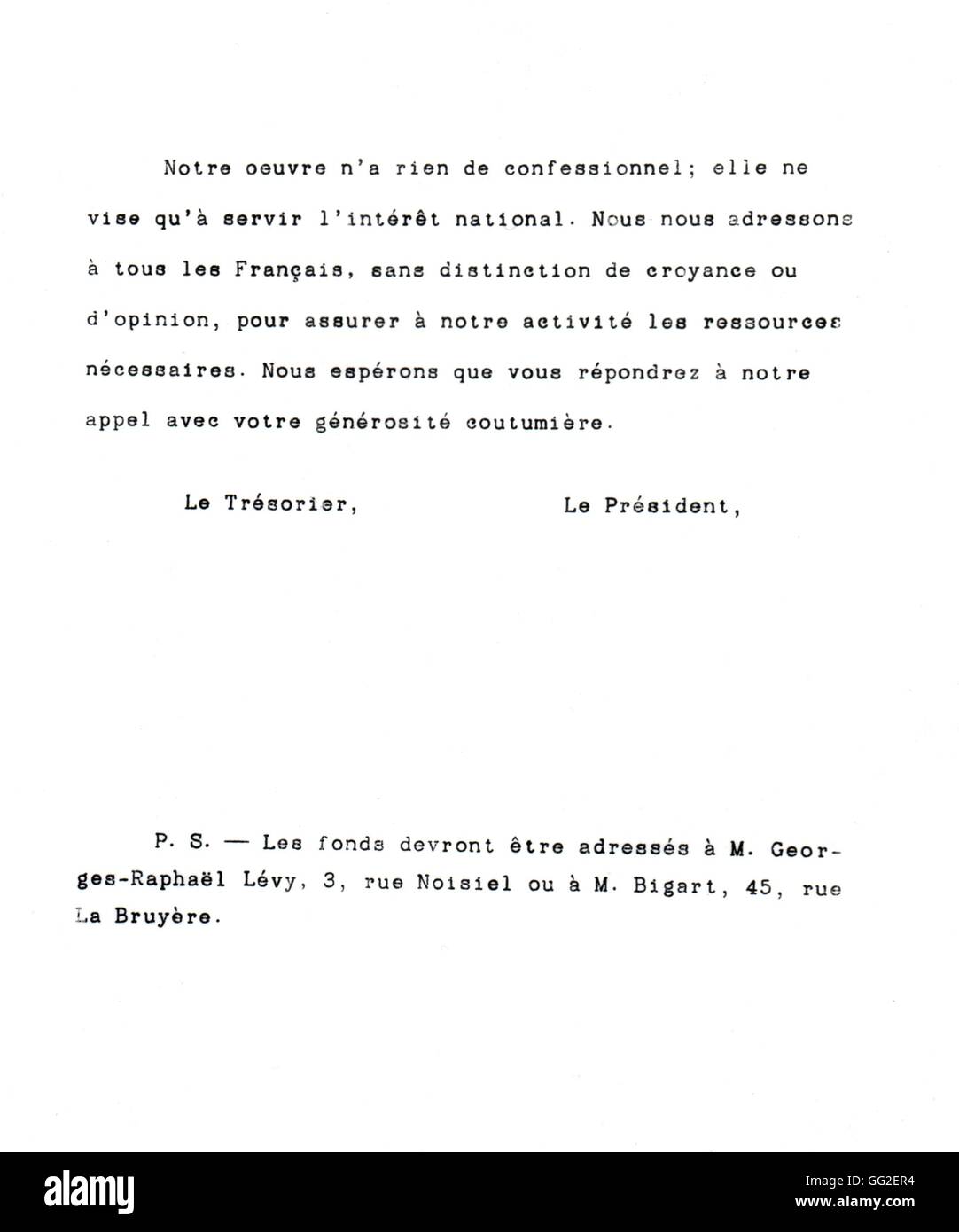 Rundschreiben mit Überschrift des französischen Komitees für Informationen und Maßnahmen für jüdische Menschen in den neutralen Ländern, Seite 2 des 20. Jahrhunderts Frankreich Bibliothèque de l'alliance Juive universelle Stockfoto