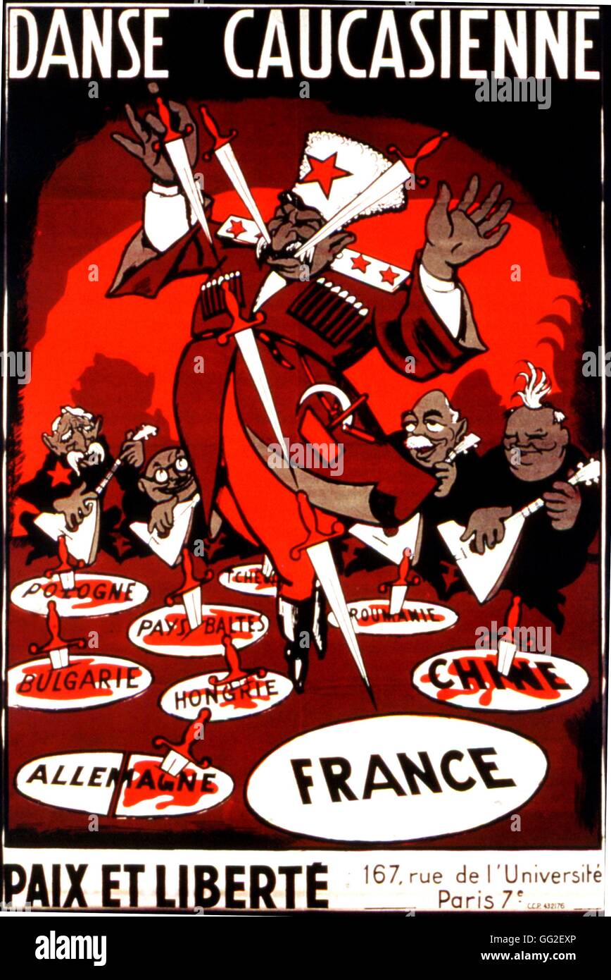 Anti-kommunistischen satirische Cartoon: "Kaukasischen Tanz" (Stalin). Hinter Stalin, der Führer der kommunistischen Partei Frankreichs sind zu sehen: Marcel Cachin, Jacques Duclos, André Marty und Maurice Thorez. 1946-Frankreich Stockfoto