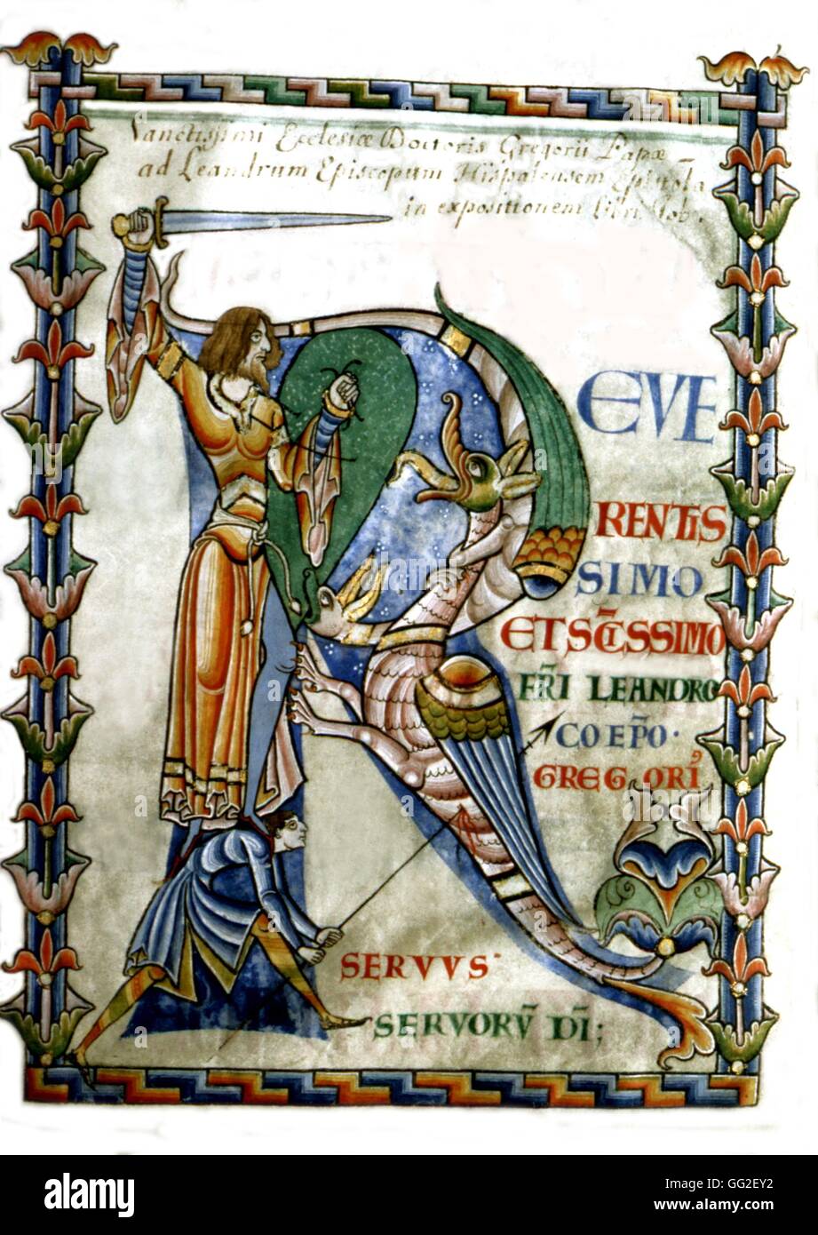 Historisierte anfängliche (C.R) in 'Moralia in Job"von Gregor dem großen. St George Kampf mit den Drachen 12. Jahrhundert Frankreich Dijon Bibliothek Stockfoto