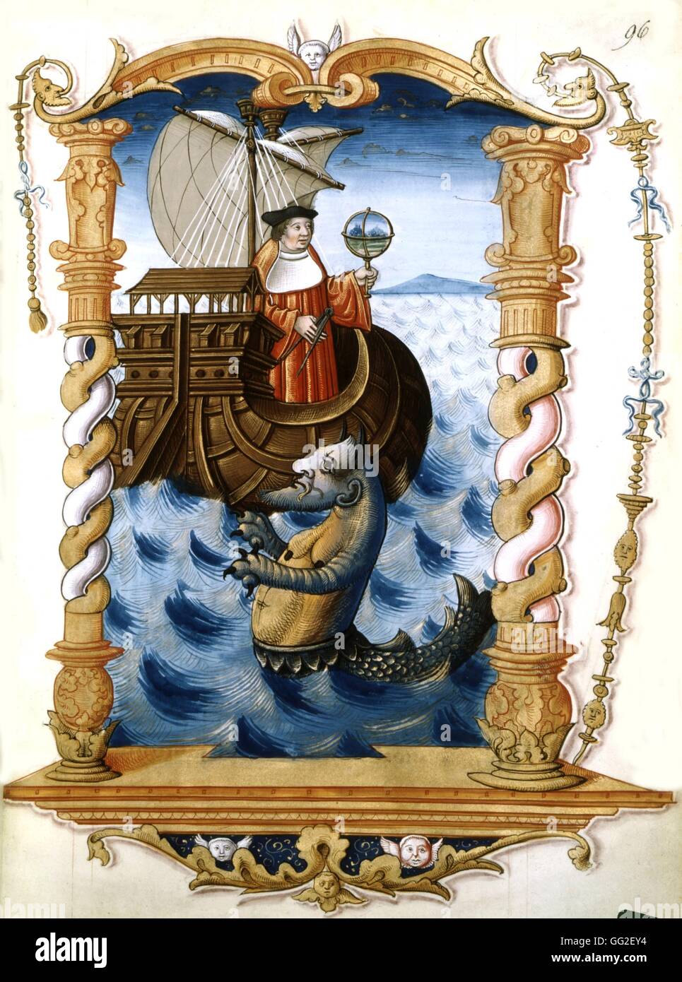 Königliche Songs auf die gekrönten Konzeption des Puy de Rouen (1519-1528). Auf einem Boot, ein Astronom, ein Kompass und eine Kugel in den Händen hält. Ein Seeungeheuer begleitet das Boot. 16. Jahrhundert Frankreich Stockfoto