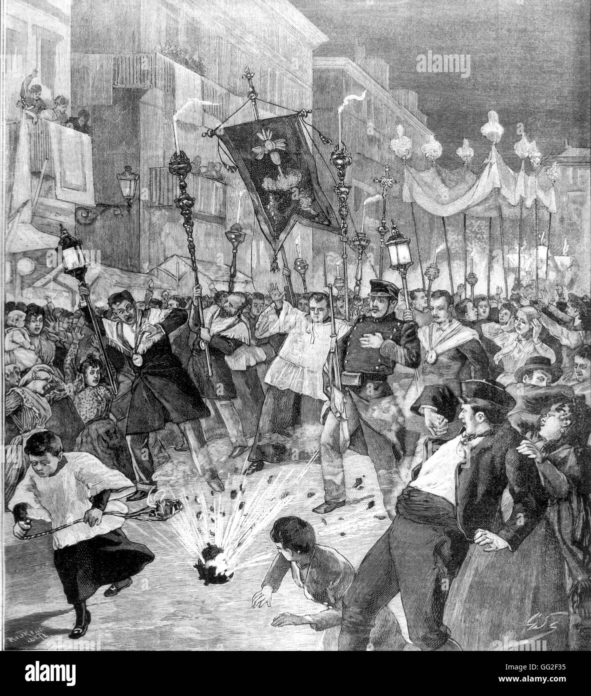 Anarchist Angriff. Bombenexplosion auf der Strecke von der Fronleichnamsprozession Juni 1896 Spanien Stockfoto