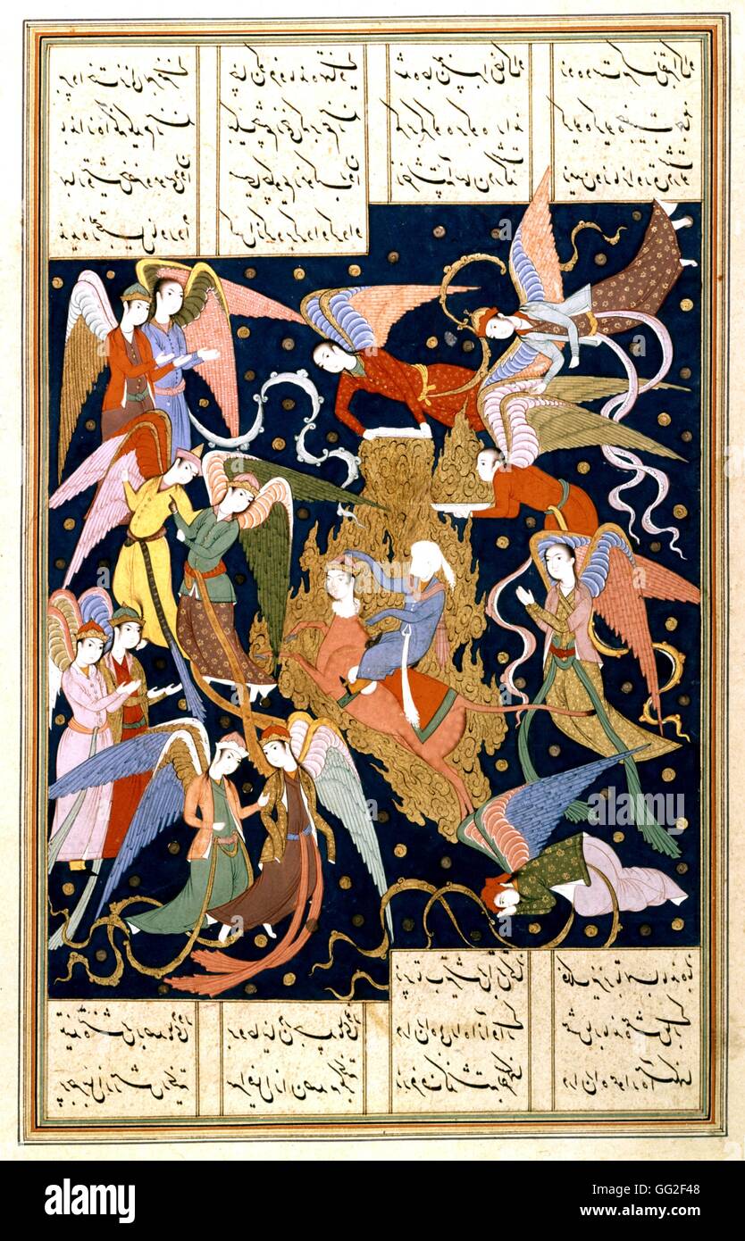 Persische Miniatur. Muhammads Besteigung zum Himmel 17. Jahrhundert Persien Paris - B.N Stockfoto