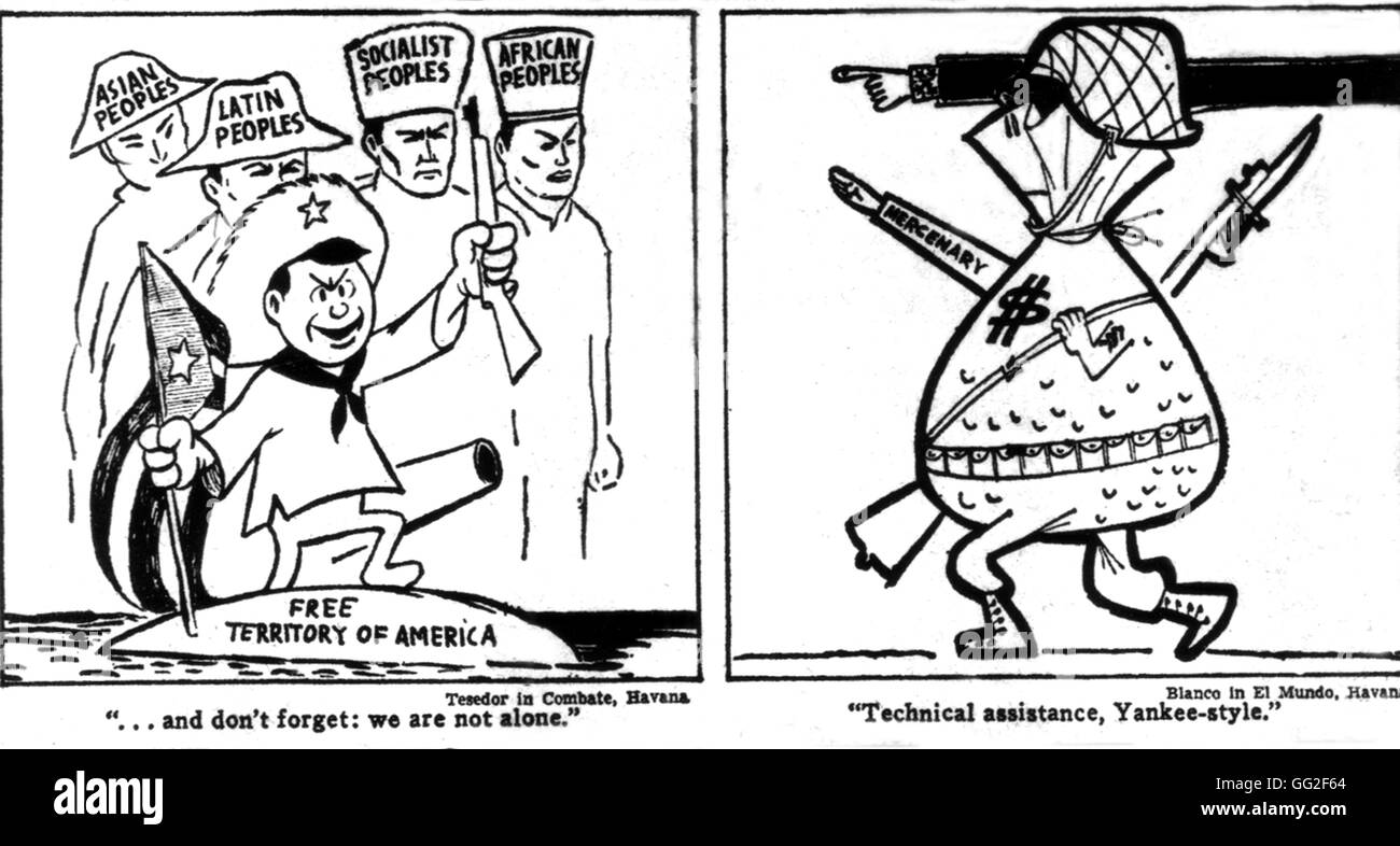 Landung in der Schweinebucht. Satirische Karikaturen, ausgestellt in einer kubanischen Zeitung, denunzieren amerikanische Intervention in Lateinamerika 30. April 1961 Kuba Stockfoto