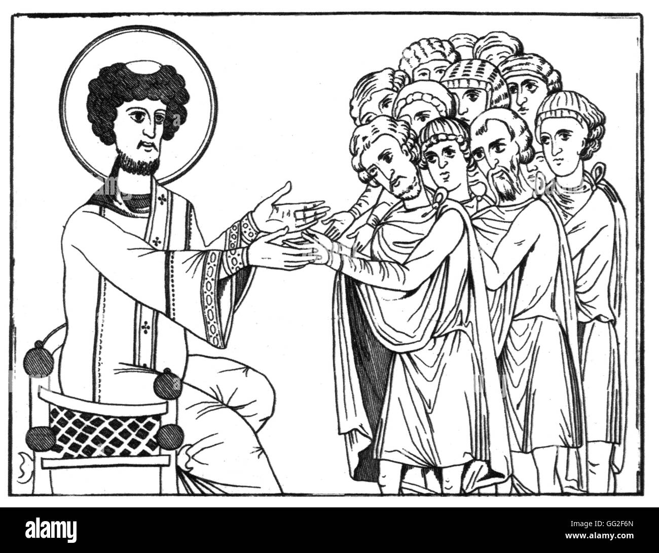 Gravur. Der Papst mit Säkularismus in den Händen 13. Jahrhundert Frankreich Stockfoto
