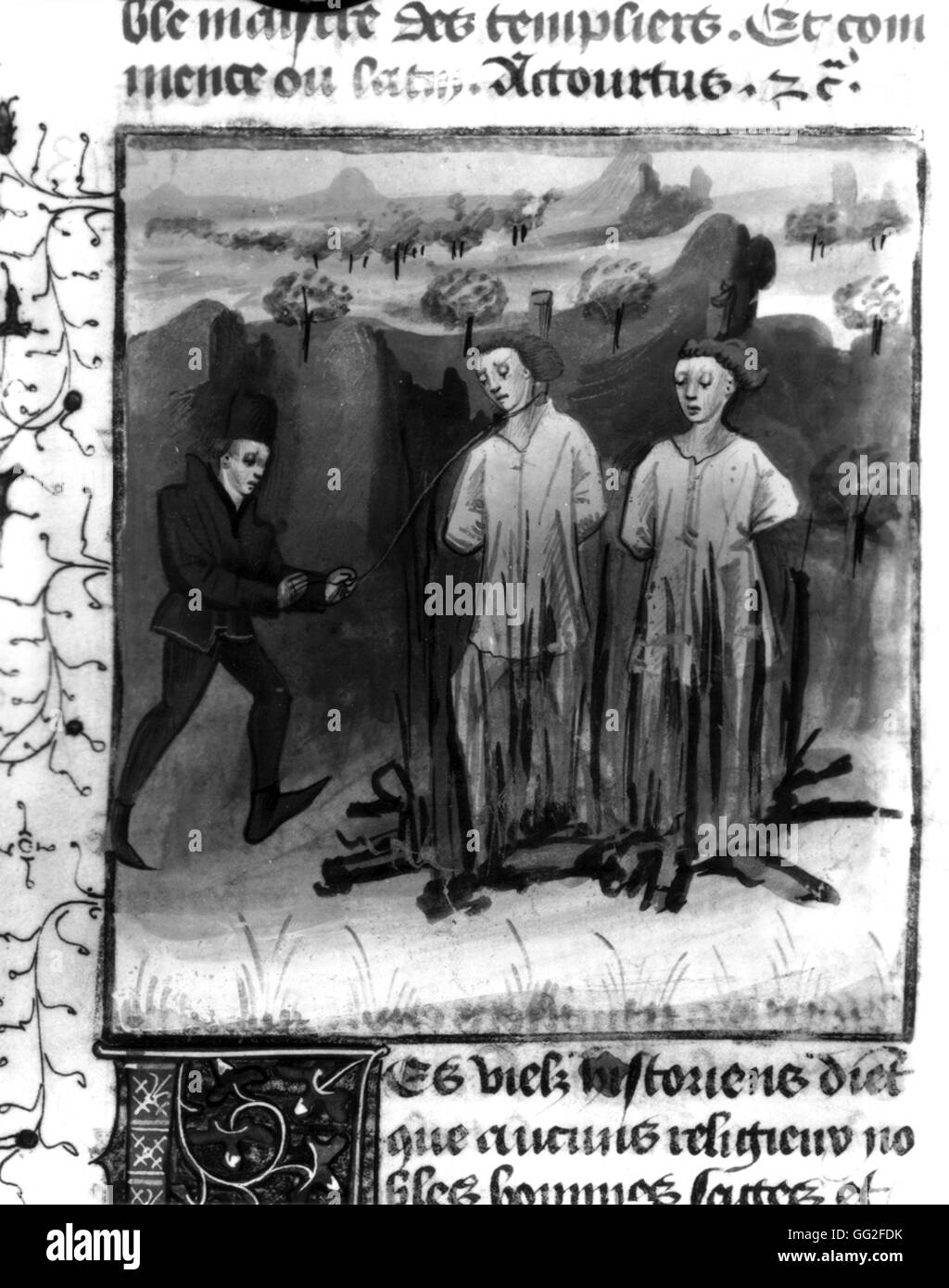 Miniatur, Folter der Tempelritter, organisiert von Guillaume de Nogaret unter König Philipp IV "le Bel" (1285-1314).  Folter von Jacques Molay und Geoffroi de Charnay auf 18 März 1314 14. Jahrhundert Frankreich Paris - B.N Stockfoto