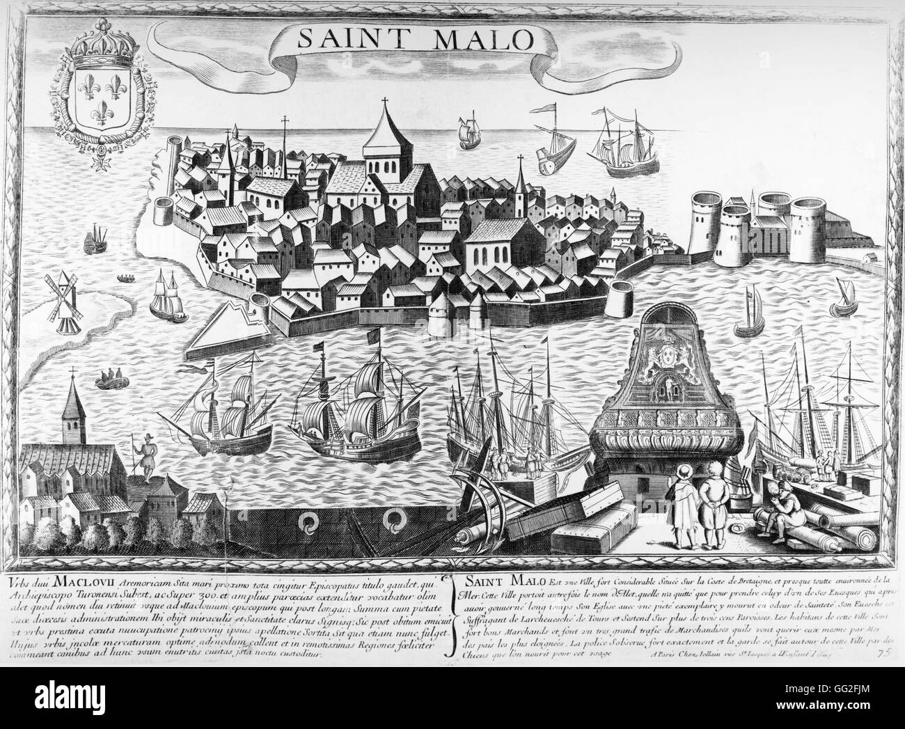 Ansicht der Stadt von Saint Malo, Bretagne, Frankreich-Gravur, die wahrscheinlich aus dem 15. Jahrhundert Stockfoto