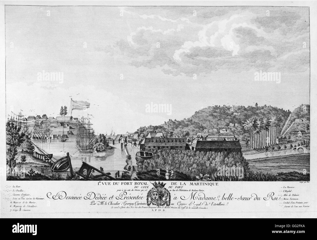 Blick auf Fort Royal in Martinique (jetzt Fort-de-France) aus dem 18. Jahrhundert Gravur Inschrift am unteren Rand der Gravur: "Dédiée À Madame, Belle-Soeur du Roi Par M. Le Chevalier d'Epernay, Capitaine au Corps royal de l'artillerie" (der König gewidmet Stockfoto