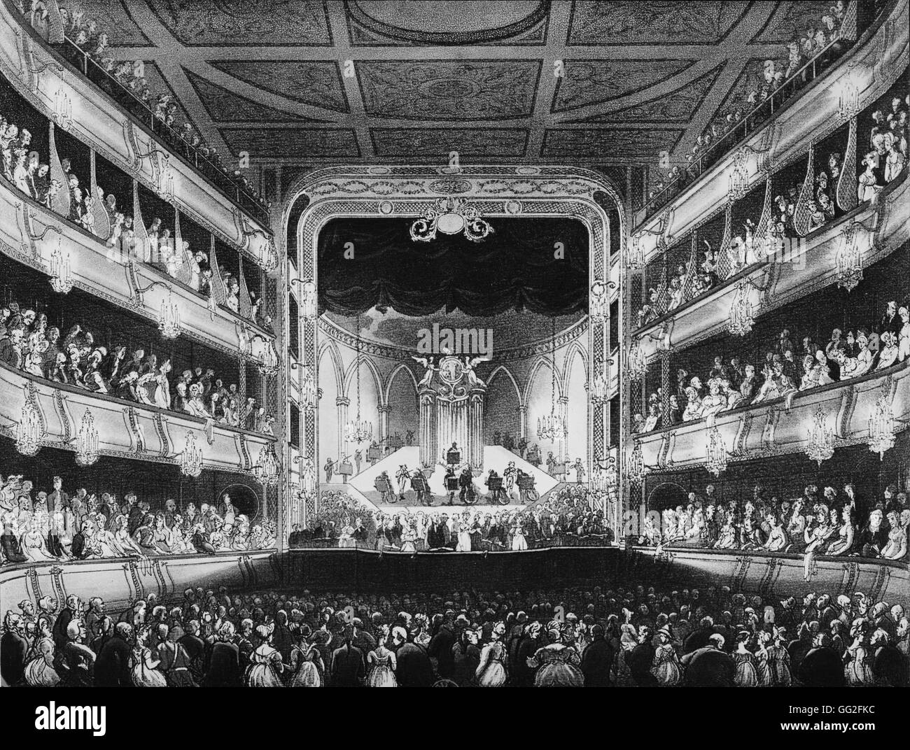 Thomas Rowlandson englische Schule The Royal Opera House in London auch bekannt als das Covent Garden Theatre, benannt nach dem Stadtteil es ist 1808 Gravur befindet sich Stockfoto