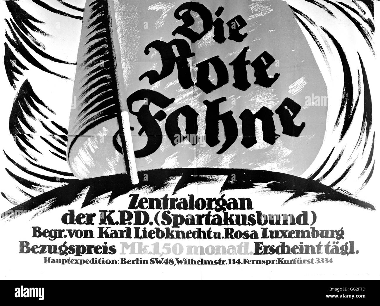 Ersten Weltkrieg. Plakat "Die rote Fahne". Zentrales Organ der KPD (KPD). Karl Liebknecht und Rosa Luxemburg Stockfoto