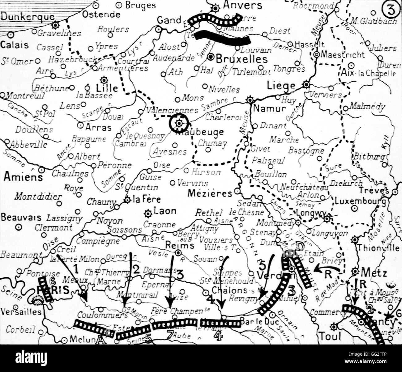 Ersten Weltkrieg. Karte des Standorts der Armeen auf 5. September 1914. Zwei neue französische Armeen: 6, Maunoury Armee; 7 Foch Armee; die 5. Armee (Lanrezac) kam unter dem Kommando von General Franchet d 3. (Ruffey) unter dem Kommando von General Stockfoto