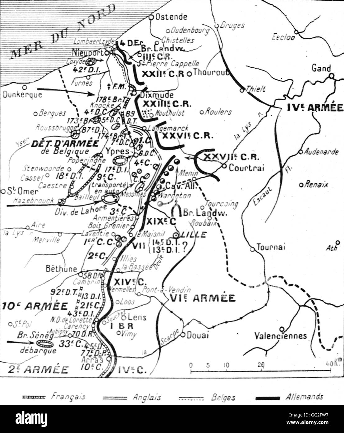 Ersten Weltkrieg. Karte der Französisch-belgisch-britische und deutsche Front, 22. Oktober 1914, zu Beginn der Schlacht der Yser.  (Det Armee aus Belgien: allgemeine d'Urbal.) Stockfoto