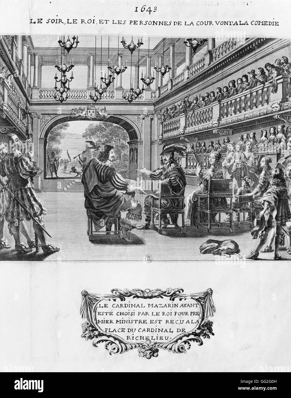 Louis XIII von Frankreich mit seinem Minister Mazarin und den Mitgliedern des Gerichts eine Komödie Gravur 1643 Paris, Bibliothèque Nationale de France anzeigen Stockfoto