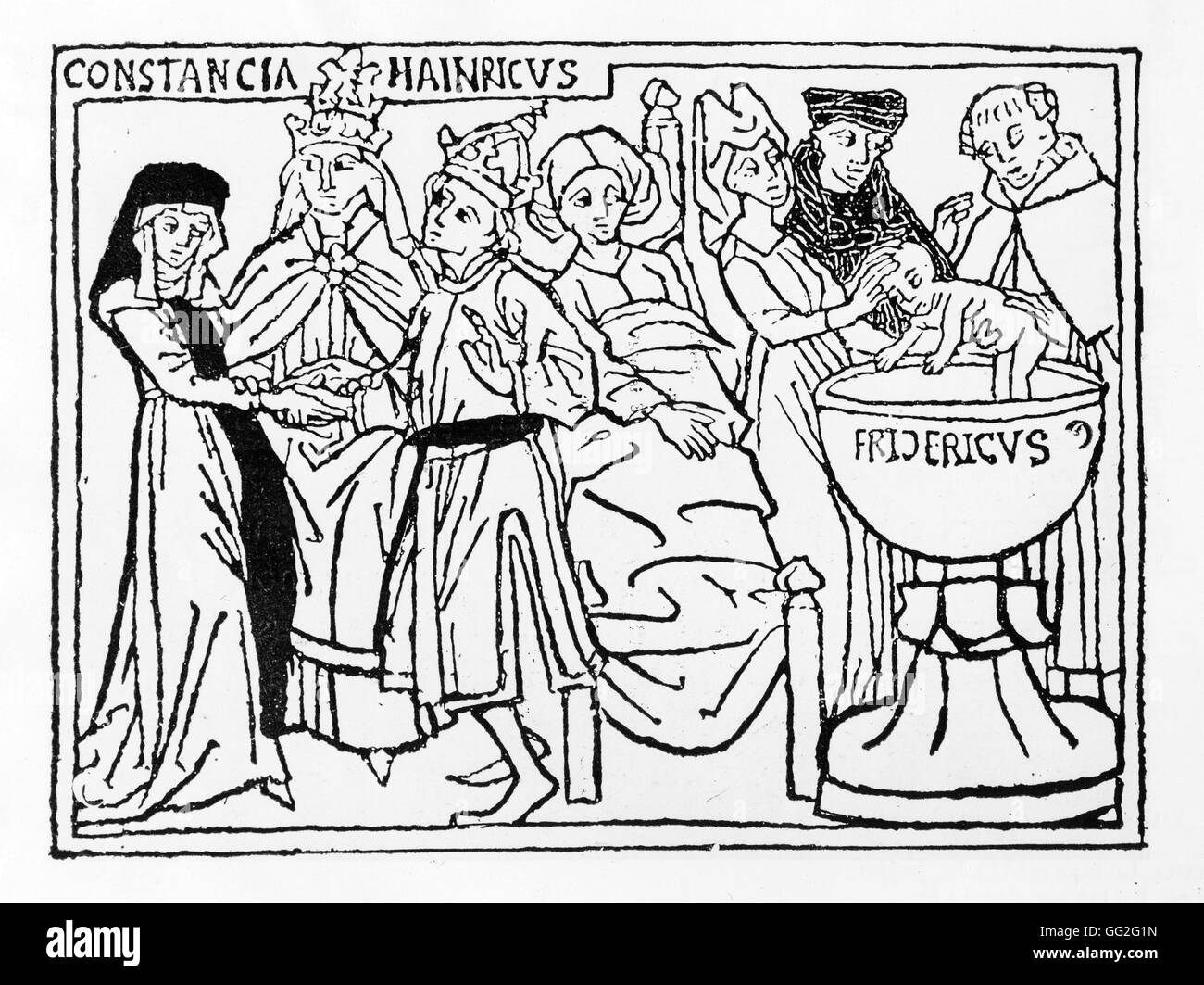 Pope Joan geben Geburt und Taufe ihres Sohnes (855-858 n. Chr.) 1493 Holzschnitt Stockfoto