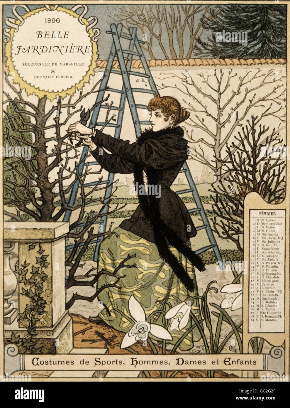 Eugène Grasset Französisch Kalenderblatt von La Belle Jardiniere, Schuljahr 1896: der Monat Februar Zeichnung Stockfoto