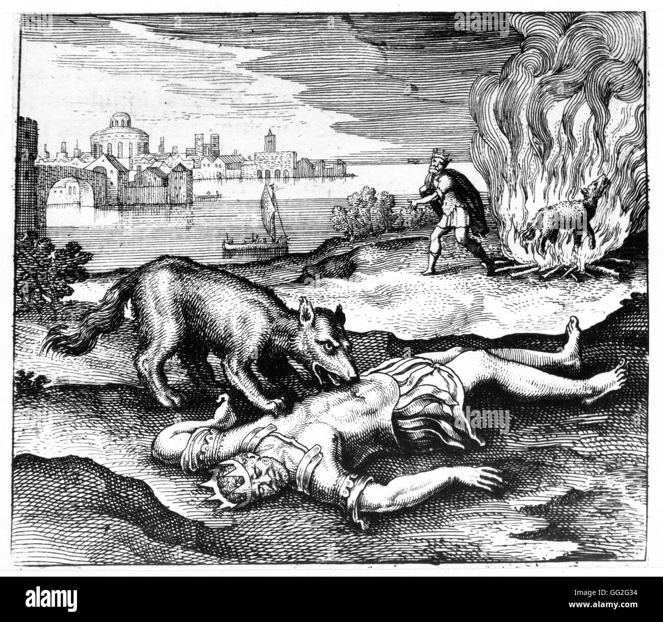 Michael Maier deutsche Schule der Wolf den König aß dann sobald gebrannt, kam des Königs wieder zum Leben 1618 Gravur aus 'Atalanta Fugiens' oder 'Flucht' Atalanta Stockfoto