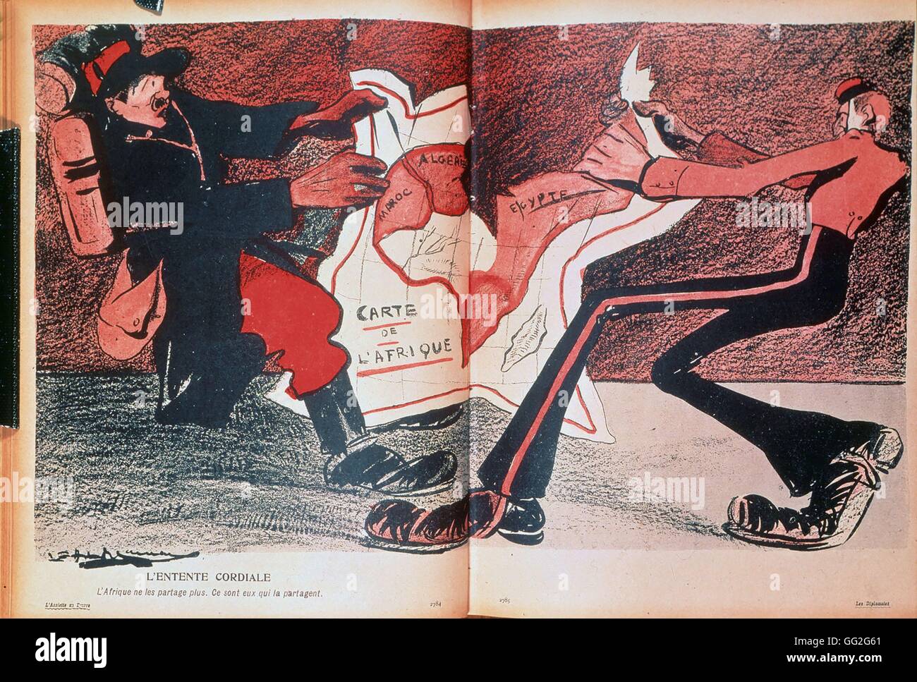 L'Entente Cordiale. Karikatur über den Streit um Afrika zwischen der englischen und französischen Kolonialmächte.  Gravur von der französischen Zeitschrift "L'Assiette au Beurre" n ° 167, 11. Juni 1904 Farbe Paris, Bibliothèque Nationale de France Stockfoto