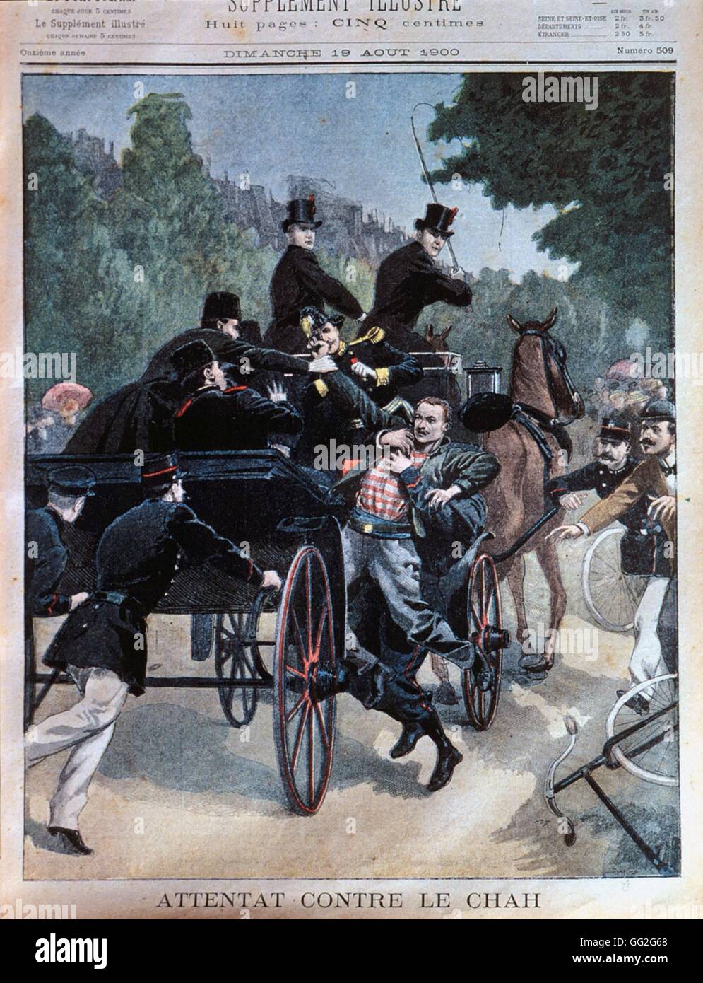 Angriff auf den Schah von Persien während seines Besuchs in Frankreich Zoll "Le Petit Journal" 19. August 1900 Stockfoto