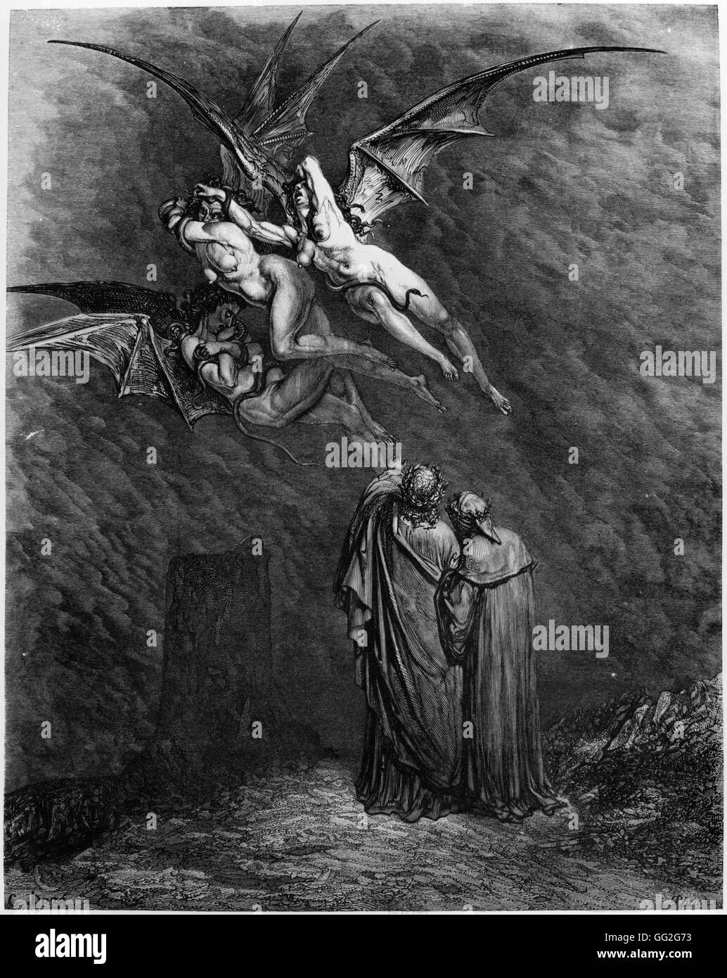 Gustave Doré Französisch Schule drei weibliche Chimären wegfliegen. Illustration von Inferno, ersten Teil des Alighieris göttliche Komödie-Gravur auf Holz (24 x 19 cm) Privatsammlung Stockfoto