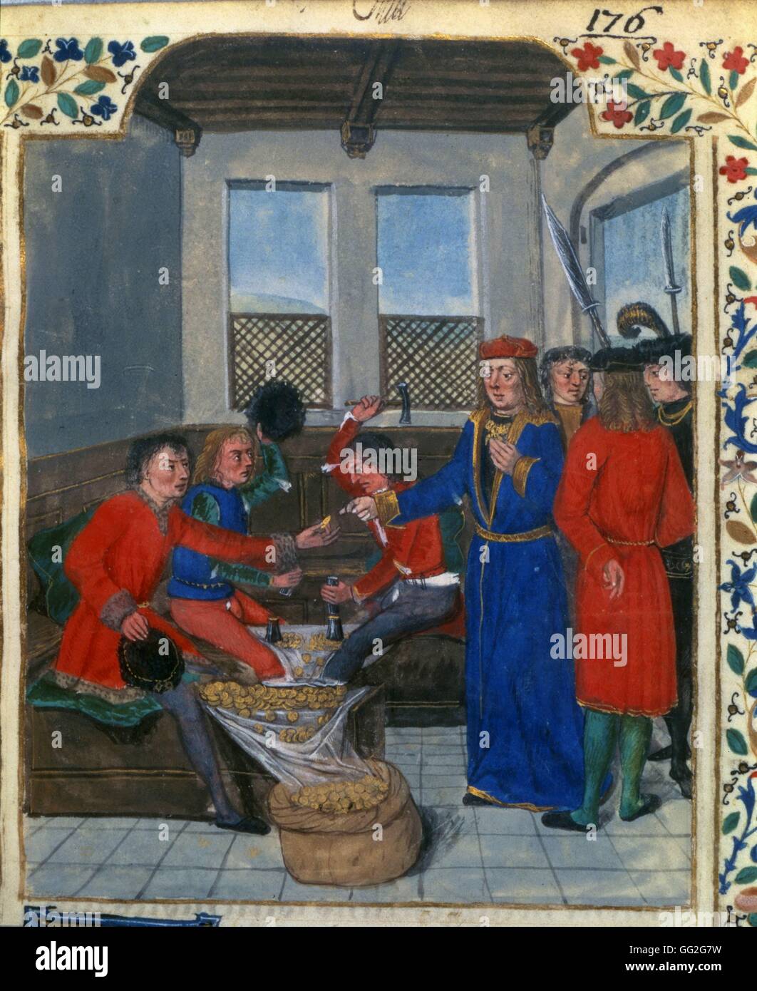 Die Erfindung und Herstellung von Geld. Miniatur aus der königlichen Vorschriften über die Verwendung des Geldes, für König Charles VII 14. Jahrhundert Manuskript von Nicolas Oresme gemacht folio 5 Paris, Bibliothèque Nationale de France Stockfoto