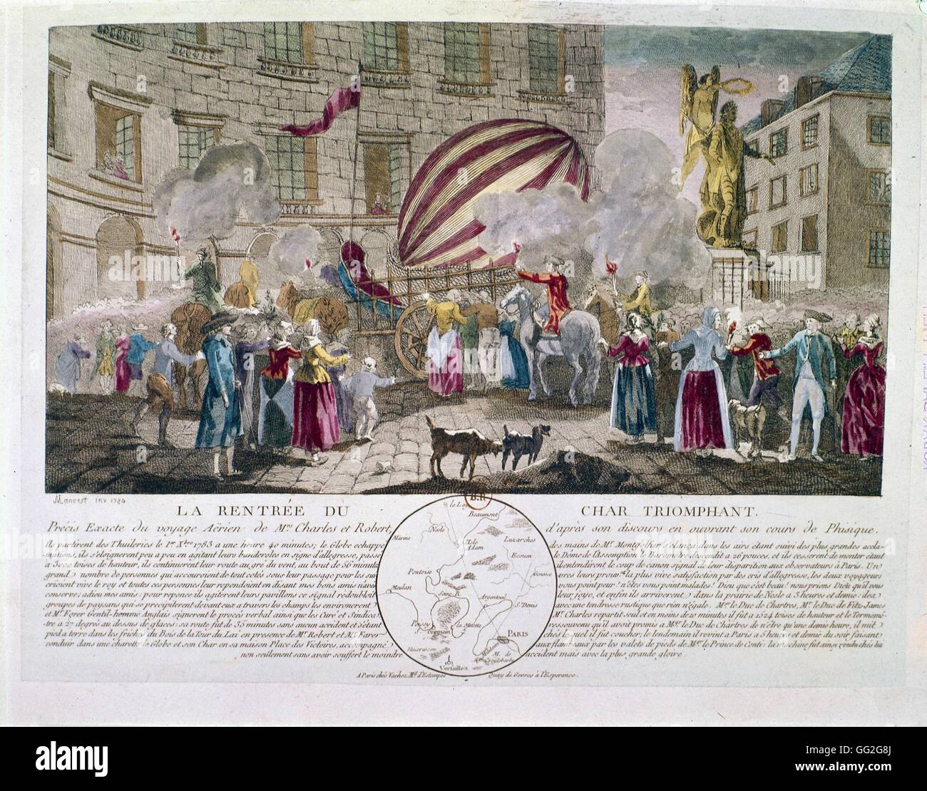 Wasserstoff-gefüllten Ballon von Jacques Charles erfunden und von den Brüdern Robert gemacht. Flug der 1. Dezember 1783. Abfahrt von der Jardin des Tuileries in Paris und Ankunft in Paris. Der Ballon wurde in einen Warenkorb gelegt und an die Stelle des Victoire geführt wird Stockfoto