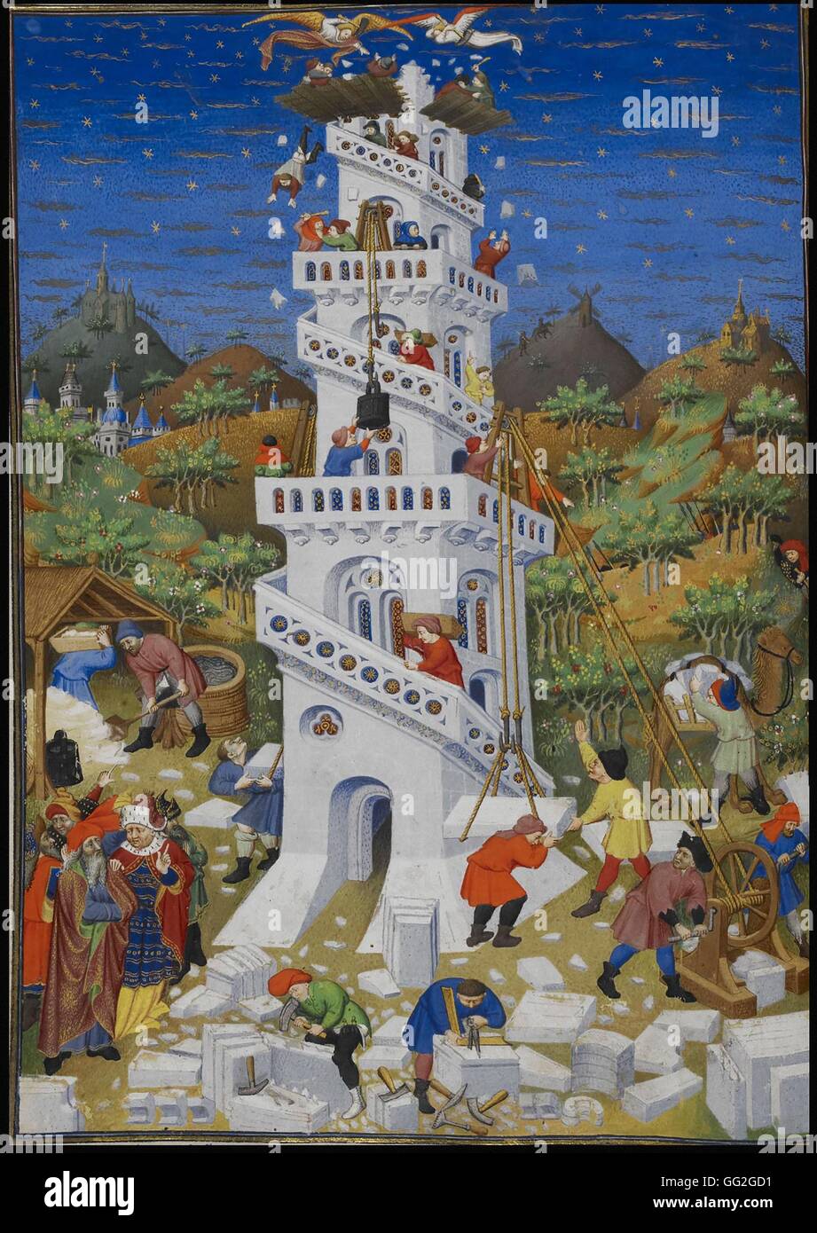 Das Gebäude und die Zerstörung des Turms von Babel beleuchtet Pergament aus dem Stundenbuch des Herzog von Bedford. MS 18850, f. 17 v. 1423 London, British Library Stockfoto