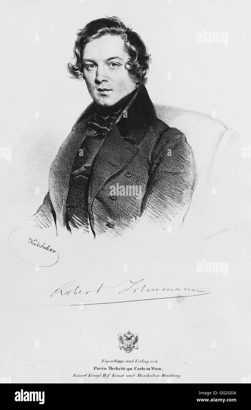 Porträt von Robert Schumann, deutscher Komponist. 1839-1840 Lithographie Stockfoto
